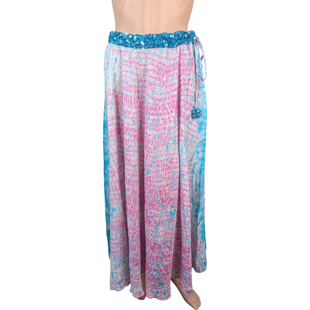Vtg Y2K Boston Proper Silk Maxi Skirt L | Tie Dye Pink Blue Sequin Drawstring